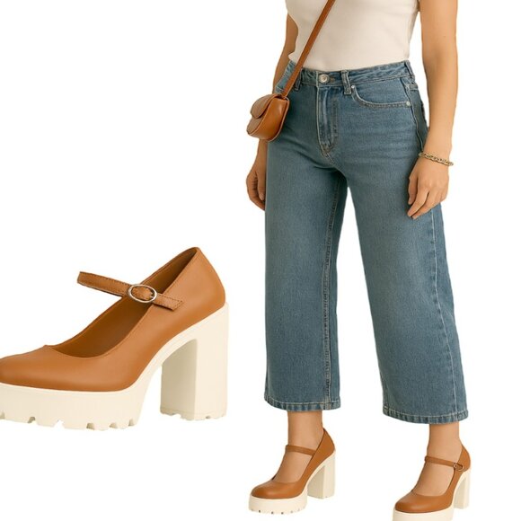 Shoe Republic LA Shoes - Shoe Republic Two-Tone Tan & White Lug Sole Chunky Platform Mary Janes Shoes